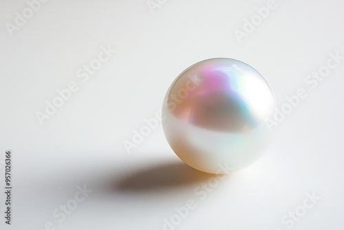 a high-contrast image of a single, gleaming pearl on a pure white background, the pearl's iridescence catching the light