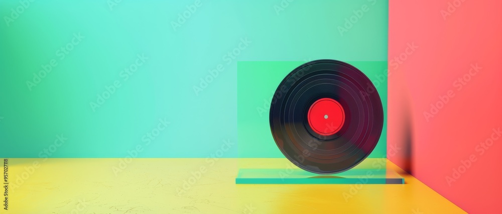 Vinyl record suspended in modern, vibrant setting with blue, green, yellow walls, exuding a retro yet contemporary vibe. Vinyl record suspended in modern, vibrant setting with blue, green, yellow walls, exuding a retro yet contemporary vibe.