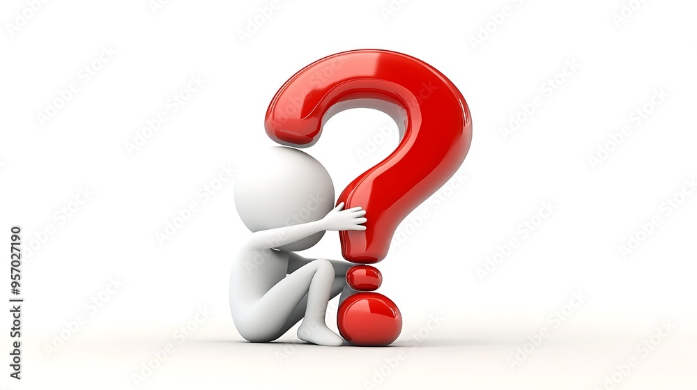 Contemplative 3D Thinking Person Leaning on Red Question Mark Icon - High Quality Image with Sharp Focus Contemplative 3D Thinking Person Leaning on Red Question Mark Icon - High Quality Image with Sharp Focus