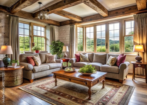 traditional farmhouse lounge with oversized windows and rustic charm