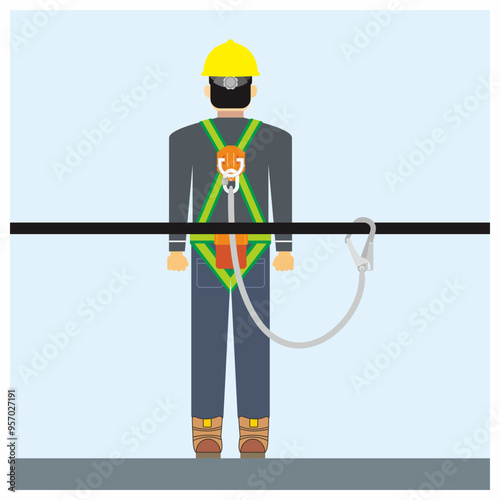 Anchorage point aligned with safety harness lanyard connecting point vector illustration. Construction and industrial personal protective equipment for working at height. Fall factor one.