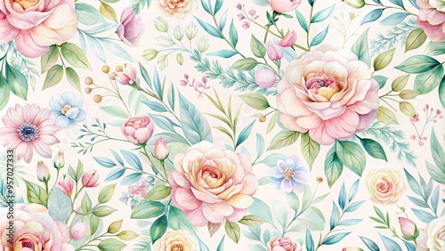 Wallpaper Mural Delicate watercolor-style floral patterns in soft pastel hues on a seamless repeat background, ideal for textiles, wallpapers, and digital designs requiring a gentle, whimsical touch. Torontodigital.ca