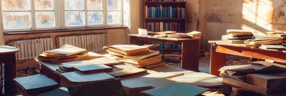 Fototapeta premium Students navigate crowded spaces filled with outdated books and materials, underscoring the obstacles to effective education. Generative AI