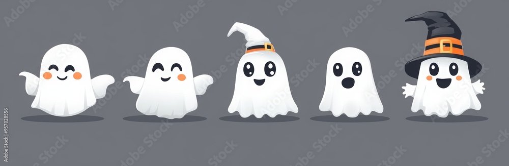 Obraz premium cute cartoon ghosts dressed in different costumes for Halloween, white tattered robes and black hats with stripes on the side, holding signs that say 