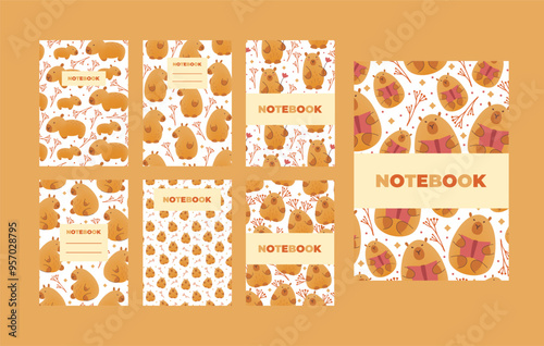 WebSet of cover of notebook with hand draw seamless pattern of capybaras with leaves. Vector illustration in flat style. Cartoon cute animal for print.Kid child illustration.Page template,planners.