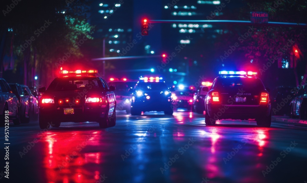 police cars with flashing lights during an emergency nighttime scene Generative AI police cars with flashing lights during an emergency nighttime scene Generative AI