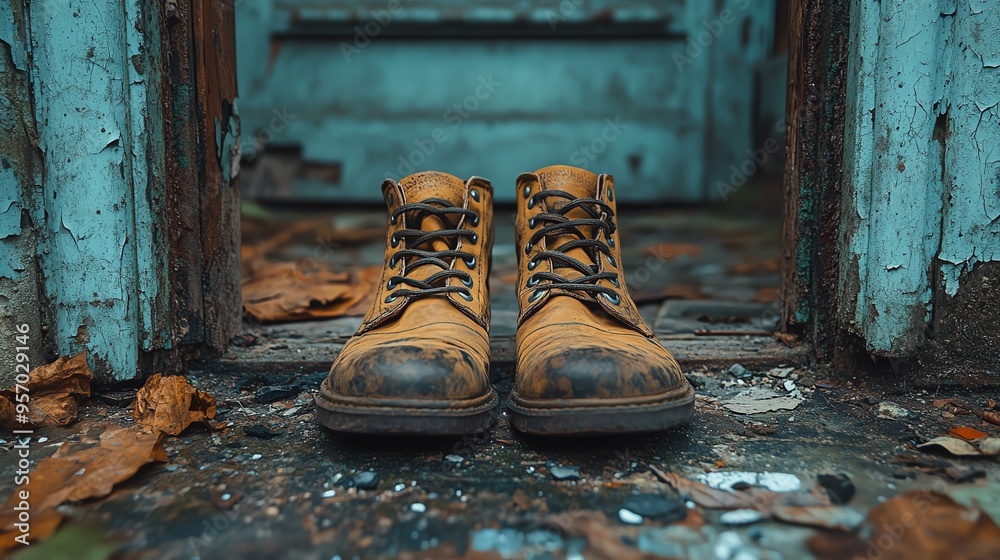 Worn leather boots on rustic wooden floor, conveying a sense of adventure and ruggedness. Perfect for travel, exploration, and outdoor themes. Worn leather boots on rustic wooden floor, conveying a sense of adventure and ruggedness. Perfect for travel, exploration, and outdoor themes.