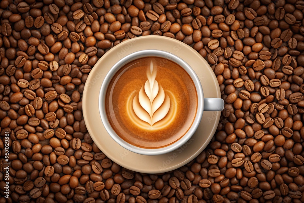 A cup of coffee with latte art in the shape of a leaf surrounded by coffee beans. A cup of coffee with latte art in the shape of a leaf surrounded by coffee beans.