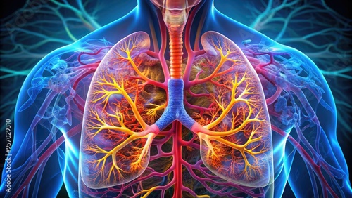 Detailed 3D illustration of human lungs, trachea, and bronchi, showcasing intricate airway passages, alveoli, and pulmonary blood vessels in vibrant colors. photo