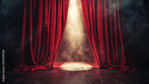 A red curtain is open to reveal a stage with a spotlight shining on it