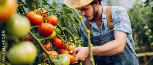 A farmer in a greenhouse carefully examines clusters of ripe tomatoes, indicating dedication and care in his agricultural practice.