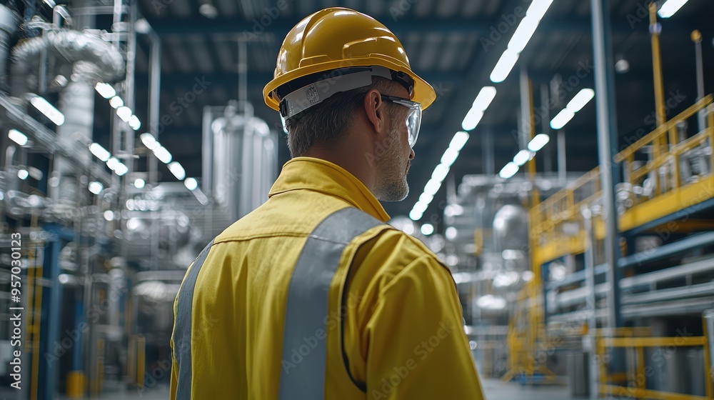 A worker in a yellow safety jacket and helmet observes a factory, highlighting industrial safety and professionalism. A worker in a yellow safety jacket and helmet observes a factory, highlighting industrial safety and professionalism.