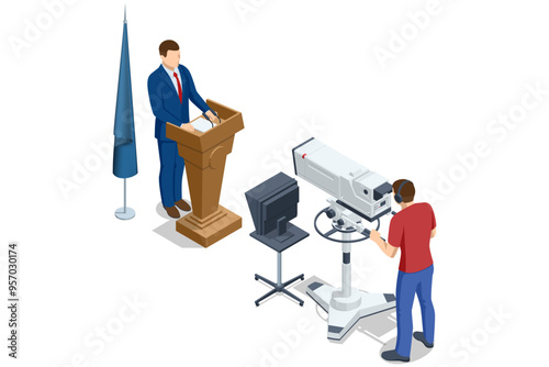 Isometric TV studio. Politician Addresses an Election Campaign Rally. Expert Talk Politics, Science, News, Entertainment. Show production maker.