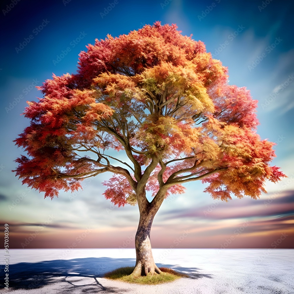 Stunning 3D illustration of a vibrant river birch tree with warm autumn foliage against a dramatic. sun drenched sky. Stunning 3D illustration of a vibrant river birch tree with warm autumn foliage against a dramatic. sun drenched sky.