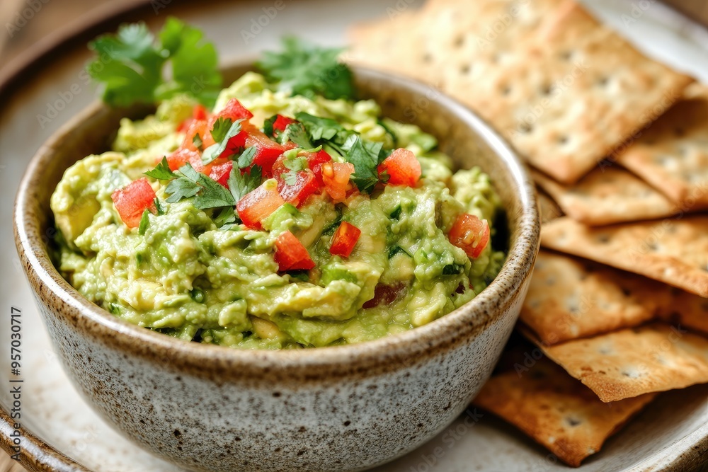 Guacamole Dip with Tomatoes, Cilantro, and Crackers Guacamole Dip with Tomatoes, Cilantro, and Crackers