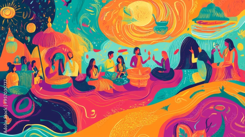 Fototapeta premium Playful doodle of Sharad Purnima rituals with vibrant colors and rituals under the moonlight