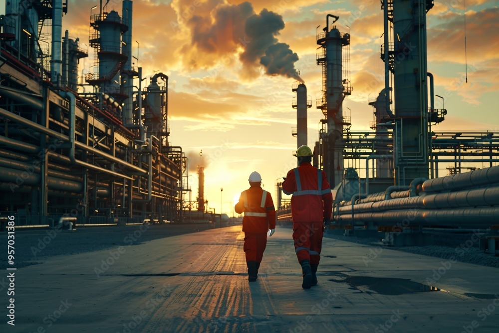Two Workers Walking at Refinery Sunset Two Workers Walking at Refinery Sunset