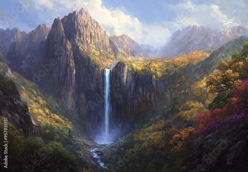 Yellow trees and a waterfall make this a beautiful autumn landscape