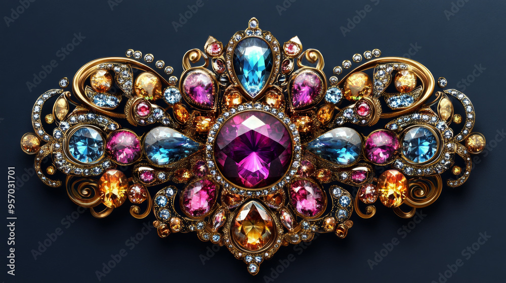 A gold and purple brooch with a pink crystal in the center. The brooch is adorned with many different colored gems and is very ornate A gold and purple brooch with a pink crystal in the center. The brooch is adorned with many different colored gems and is very ornate