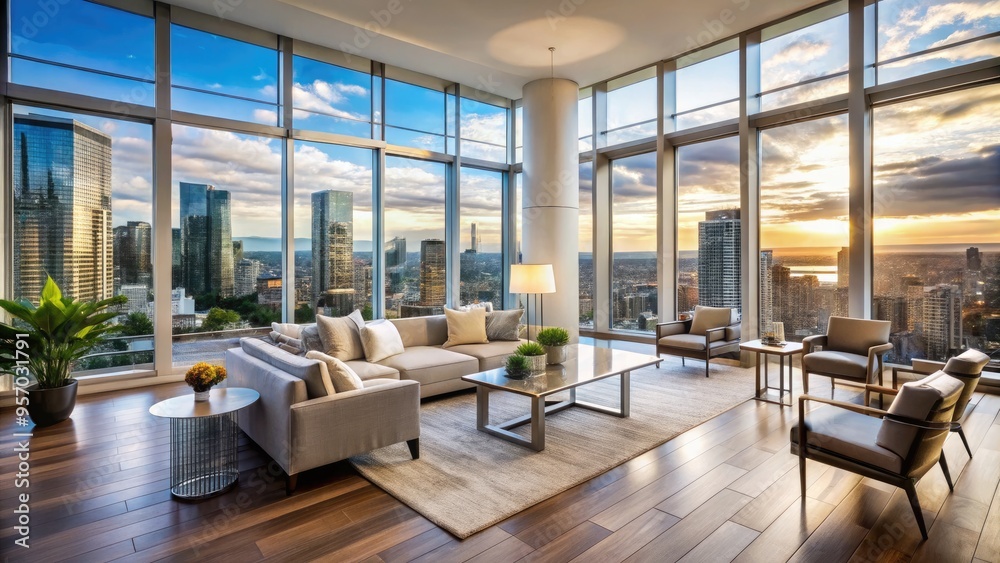 Fototapeta premium Elegant high-rise condominium features expansive floor-to-ceiling windows offering breathtaking cityscape views, flooded with natural light and modern sophistication.