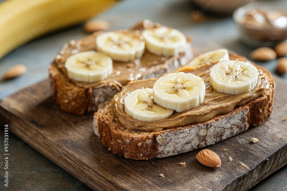 Two Slices of Toasted Bread with Peanut Butter and Banana Slices Two Slices of Toasted Bread with Peanut Butter and Banana Slices