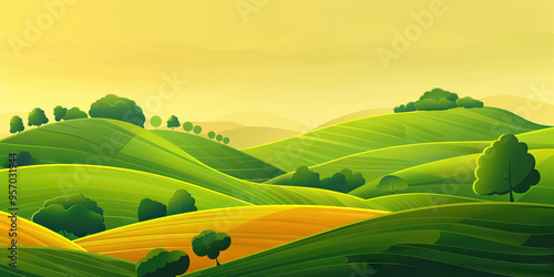 An abstract background of rolling hills and trees, symbolizing the growth of a sustainable agricultural business.