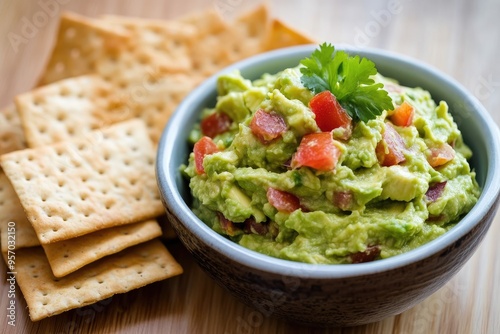 Bowl of Guacamole with Tomato and Cilantro Served with Crackers