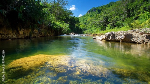 Wallpaper Mural Tranquil jungle river flowing through lush green foliage with clear water and rocks visible. Torontodigital.ca