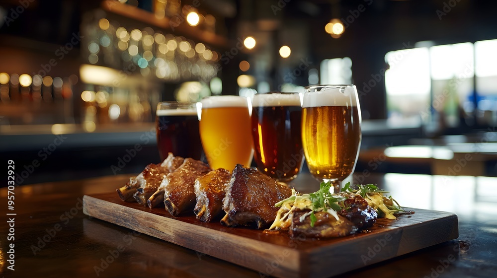 A pub atmosphere with warm wood tones and 3D-rendered craft beer flights paired with gourmet roasted lamb A pub atmosphere with warm wood tones and 3D-rendered craft beer flights paired with gourmet roasted lamb
