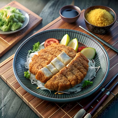 A mouthwatering 3D illustration of Tonkatsu. a Japanese breaded pork cutlet. served on a blue plate with shredded daikon radish. cucumber. and tomato.