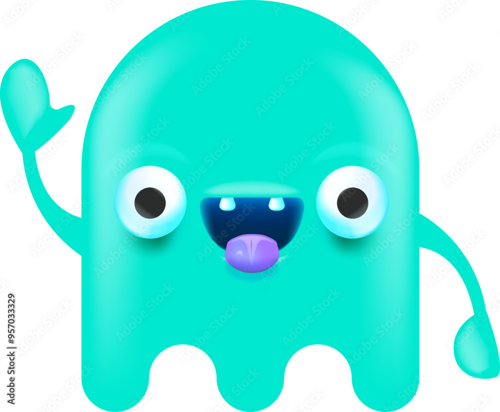 Obraz premium Funny very cute smiling cyan ghost monster isolated on white background. Comic Funky blue Ghost cartoon character and cute emoji. Halloween spirit element.