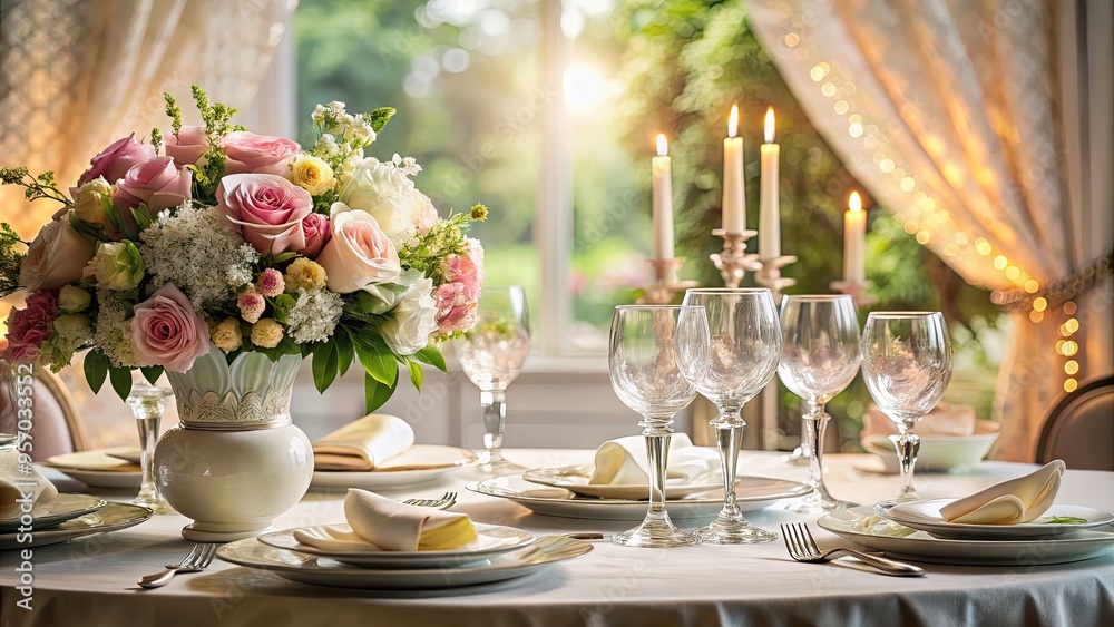 Elegant table setting with crisp white linens, fine china, crystal glasses, and a delicate floral centerpiece, set against a soft, romantic background. Elegant table setting with crisp white linens, fine china, crystal glasses, and a delicate floral centerpiece, set against a soft, romantic background.