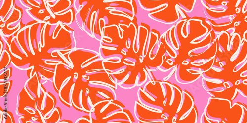 Monstera leaves seamless pattern, hand drawn tropical style, spring and Summer time, natural ornaments for textile, fabric, wallpaper, cover, banner, home decor, background.