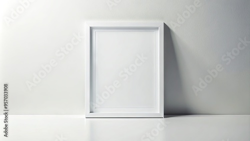 Empty minimalist white poster frame isolated on a white background, waiting for artwork or prints, with a subtle shadow and a sleek, modern aesthetic.