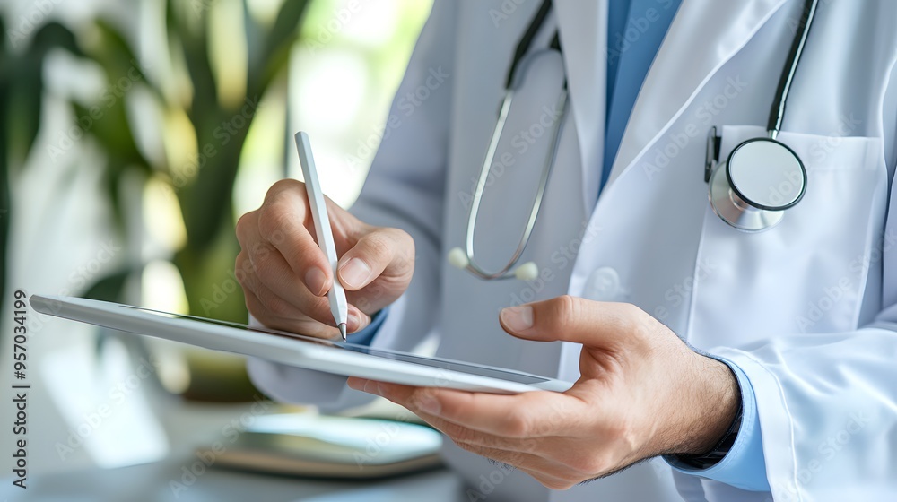 Taking Notes on Tablet: Doctor's hands taking notes on a digital tablet, stylus in hand.
Taking Notes on Tablet: Doctor's hands taking notes on a digital tablet, stylus in hand.