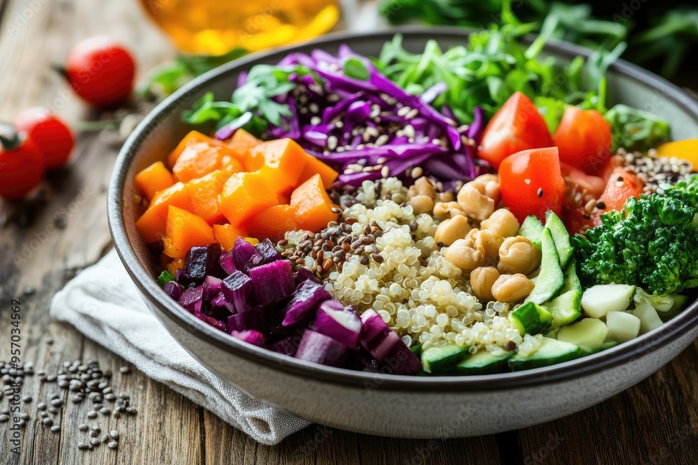 Colorful Quinoa Salad Bowl with Vegetables, Chickpeas, and Seeds Colorful Quinoa Salad Bowl with Vegetables, Chickpeas, and Seeds