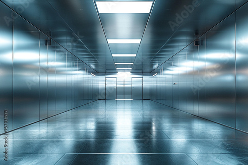 stock photo features a sleek, minimalist metal room with a silver background, creating a modern and industrial atmosphere for a variety of design and business concepts 