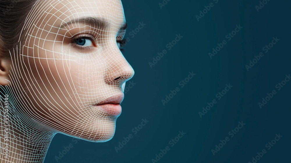 Close-up of a woman's face with a digital wireframe overlay on her skin, representing facial recognition technology or digital mapping. Close-up of a woman's face with a digital wireframe overlay on her skin, representing facial recognition technology or digital mapping.