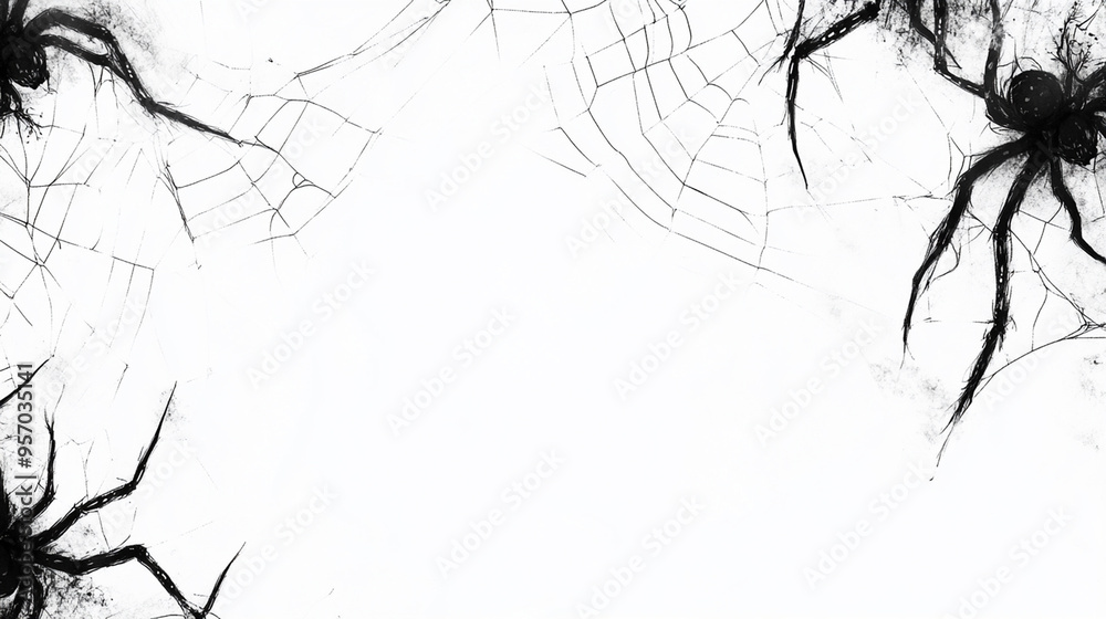 Obraz premium Spiders web on white background. Black and white halloween banner. 