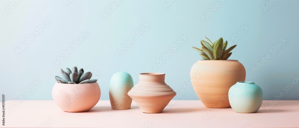 Fototapeta premium A minimalist arrangement of clay vases and succulents against a pastel blue background, creating a serene and modern aesthetic.