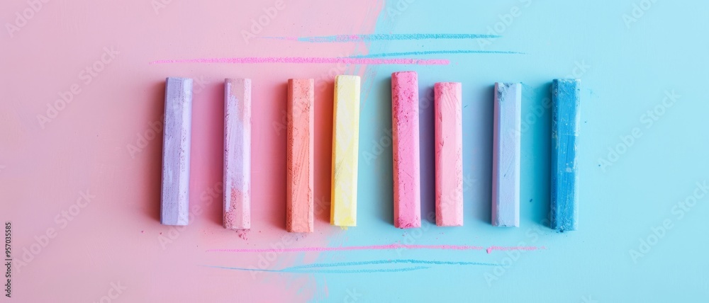 Fototapeta premium Pastel chalks meticulously arranged on a split background of blue and pink, symbolizing creativity, art, and educational endeavors.