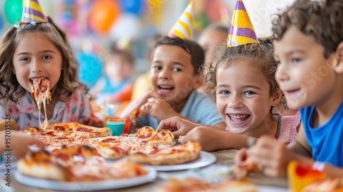 Kid's birthday party with children enjoying slices of cheese pizza