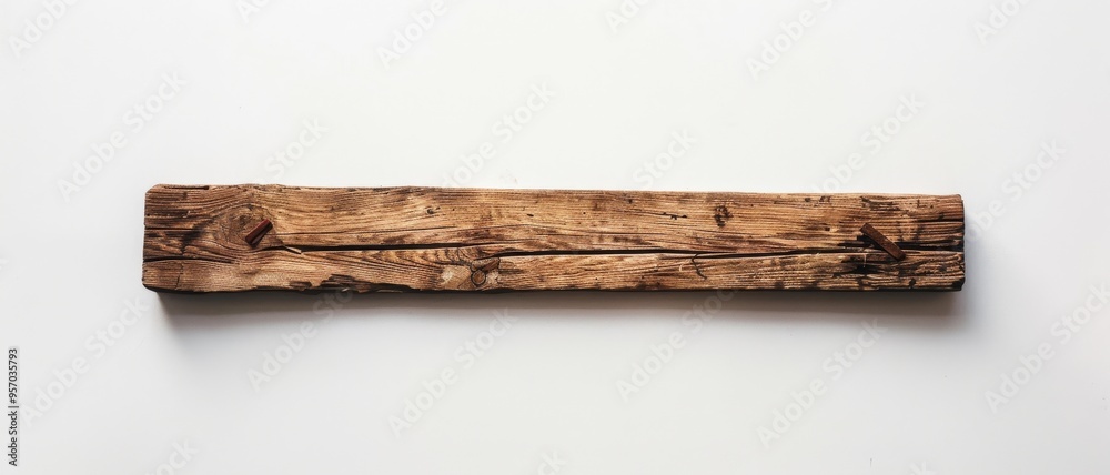 Fototapeta premium A weathered wooden plank rests on a stark white background, highlighting its rugged texture and natural grain.