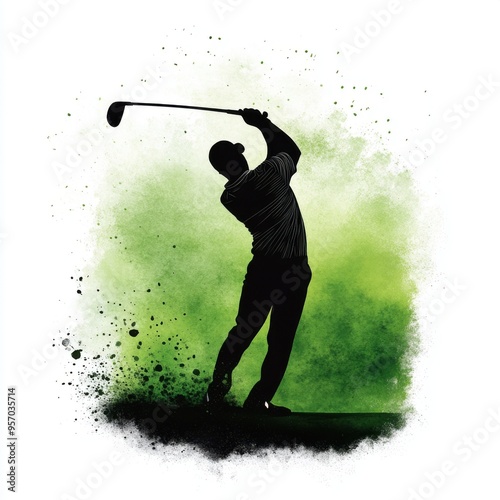 A dynamic silhouette of a golfer in action with a vibrant green splash background, capturing the essence of the sport.