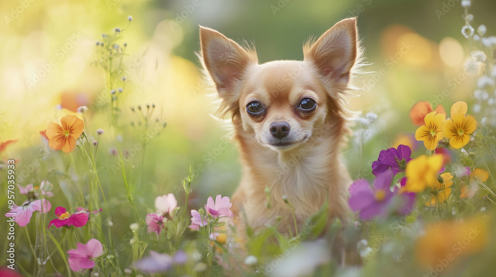 Cute Chihuahua Puppy in a Field of Flowers Cute Chihuahua Puppy in a Field of Flowers