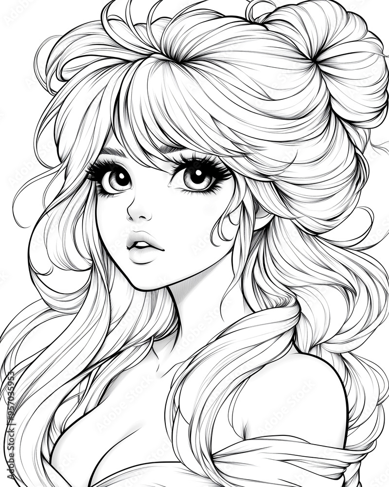 A girl with long blonde hair and big eyes. She is smiling and looking at the camera. The drawing is in black and white A girl with long blonde hair and big eyes. She is smiling and looking at the camera. The drawing is in black and white