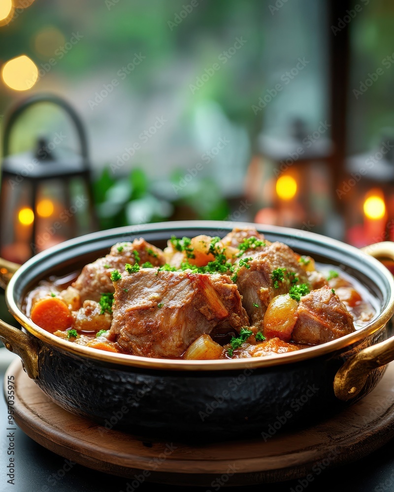 A delicious pot of hearty stew filled with tender meat, vegetables, and garnished with fresh herbs, perfect for cozy meals.