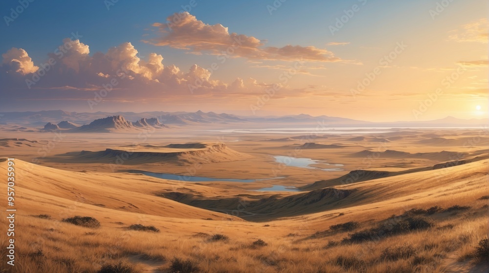 Beautiful afternoon sky, steppe and plateau