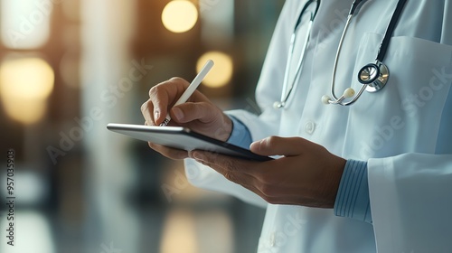 Taking Notes on Tablet: Doctor's hands taking notes on a digital tablet, stylus in hand. 