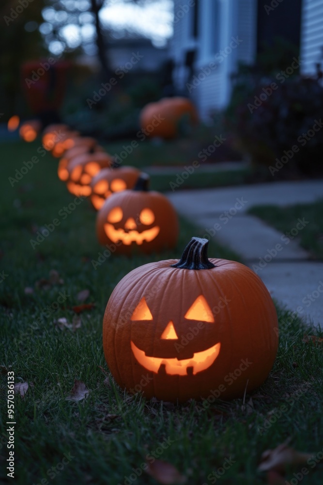 Fototapeta premium Carved pumpkins on grass